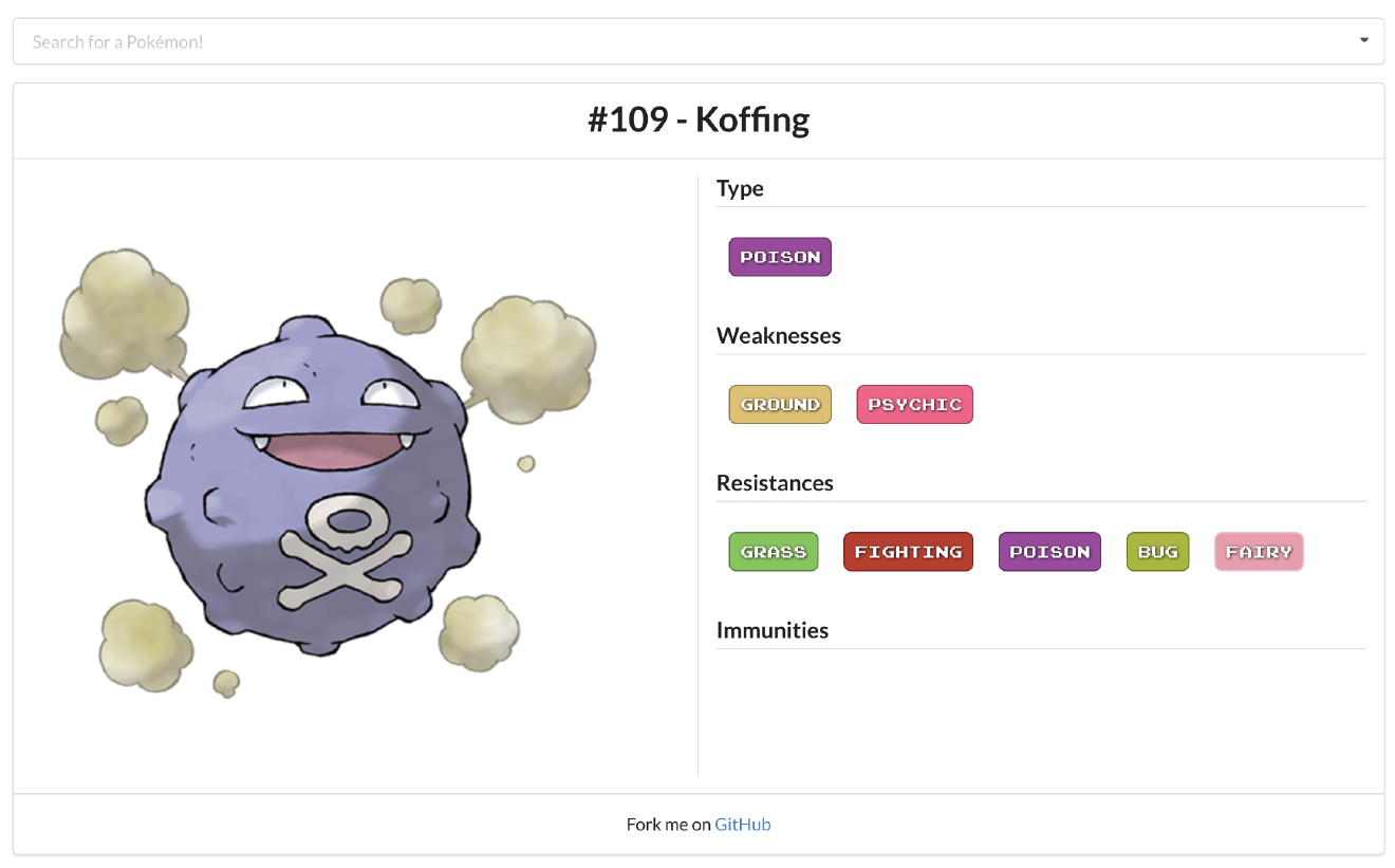 Screenshot of a simple PokéDex web application called PokéData.