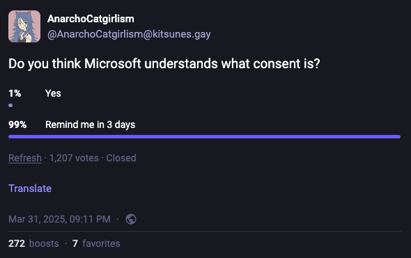 Screenshot of a Mastodon poll. The poll reads "Do you think Microsoft understands what consent is?" with response options of "Yes" and "Remind me in 3 days".